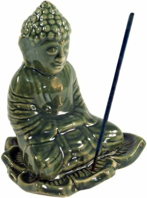 Guru-Shop Räucherstäbchen-Halter Räucherstäbchenhalter Buddha aus Keramik grün -..