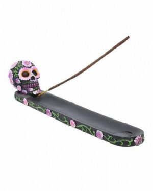 Horror-Shop Dekofigur Sugar Skull mit Blüten Räucherstäbchen Halter